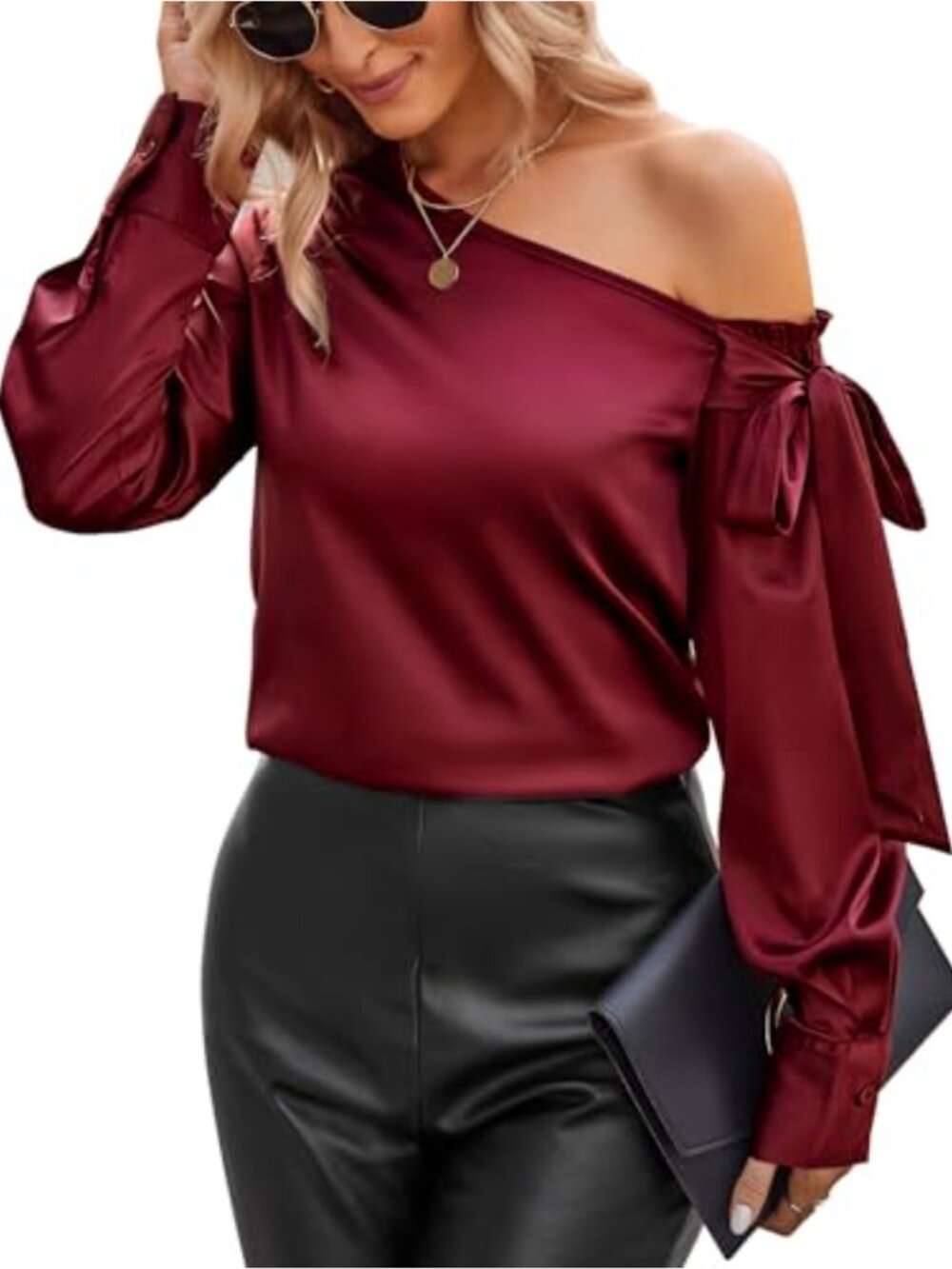 Womens Satin Off Shoulder Blouse Long Sleeve Bow Tie Office Work Top